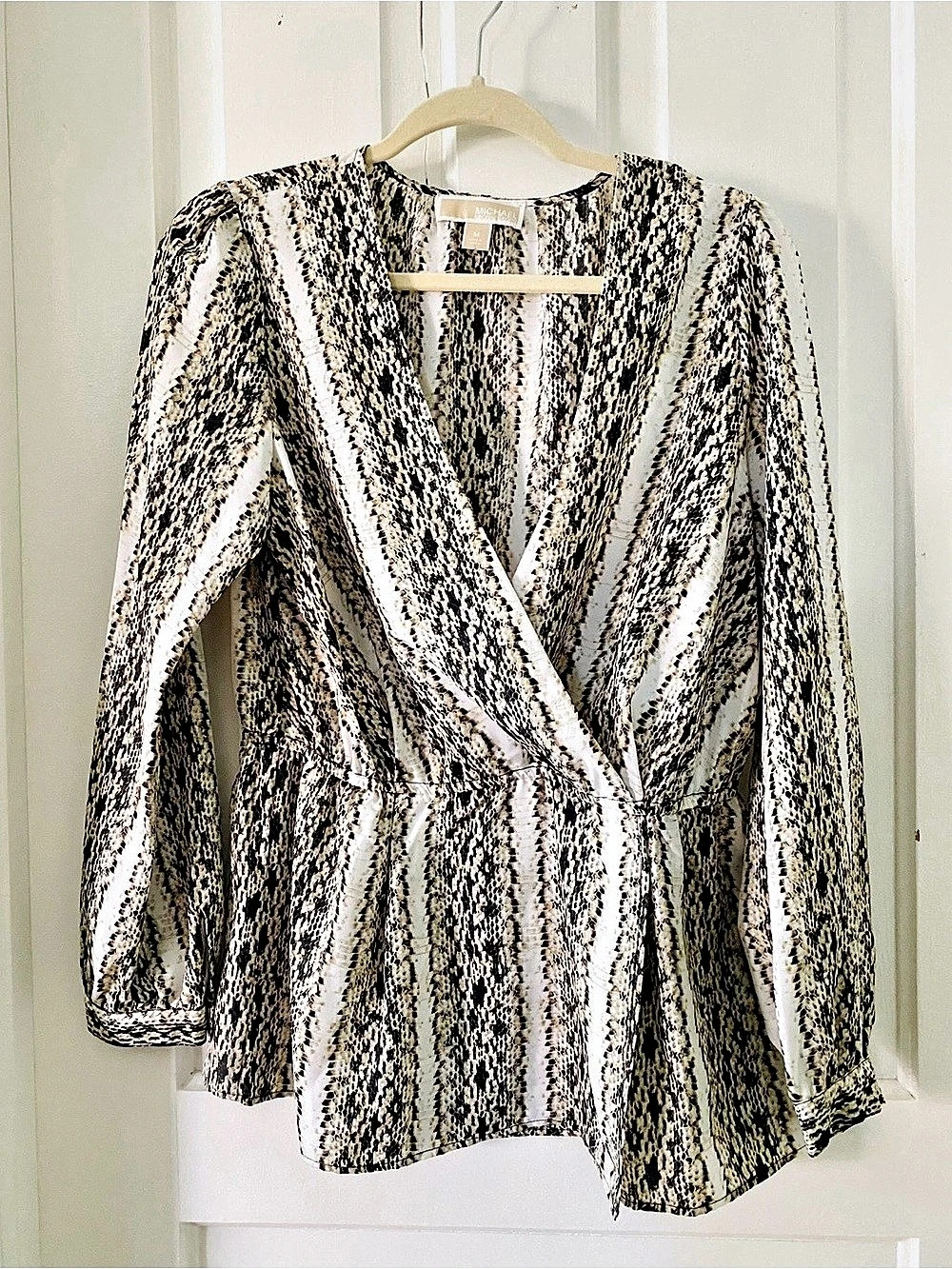 Michael Kors Animal Print Wrap Blouse in Cream & Brown Size Medium
